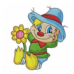 Cheerful scarecrow in a cartoonish style, wearing a blue hat and green jacket, holding a pink flower in spring.