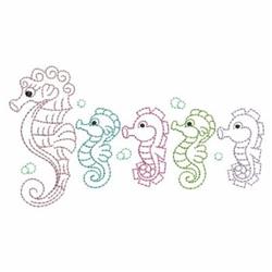 Fiveseahorses with delicate stitch designs in playful pink and green, surrounded by soft bubbles, perfect for coastal decor.
