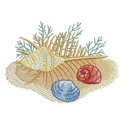 Colorful seashell beach scene featuring a large yellow and brown shell, small blue and red shells, and delicate green seaweed