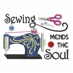 Vintage sewing machine in vibrant blue and yellow, surrounded by scissors, buttons, and pins, featuring whimsical text.