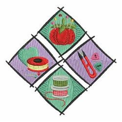 Quilting design featuring vibrant sewing tools: a red tomato pin cushion, colorful spools of thread, black scissors, and a pi
