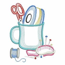 Vibrant sewing tools, including scissors and colorful threads, in a playful light blue mug for crafting.