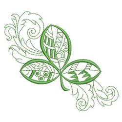Whimsical shamrock with three unique green leaves, decorative swirls, and geometric patterns for St. Patrick's Day.