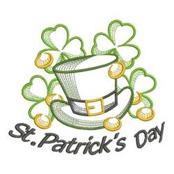 Festive hat with a white base, black band, gold buckle, and vibrant green shamrocks for St. Patrick's Day.