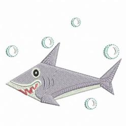 Playful shark with large eyes and a toothy grin, surrounded by cheerful green bubbles in a cartoonish style.