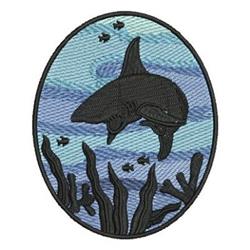Colorful shark leaping through blue water, surrounded by small fish and seaweed in a playful cartoon style.