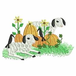Playful sheep in vibrant autumn scene, surrounded by pumpkins and colorful flowers on fresh grass.