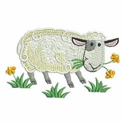 Playful sheep with textured wool nibbling green grass, surrounded by bright yellow flowers in a vibrant spring scene.