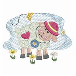 Cheerful sheep in a pink hat with a flower pendant, surrounded by blooming flowers under a light blue cloud, spring theme.