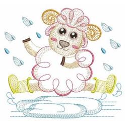 Cute sheep with curly wool joyfully splashing in a puddle, surrounded by playful raindrops in a whimsical spring scene.