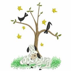Cartoon sheep relax on green grass under a leafy tree with black birds and whimsical stars, perfect for kids.