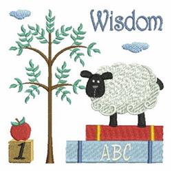 Whimsical sheep with a black face atop stacked colorful books, surrounded by a green tree and apple.