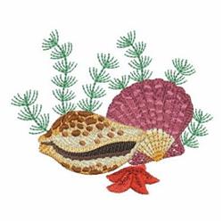 Colorful shellfish display with brown speckled and vibrant pink shells, accented by green seaweed in a beach scene.