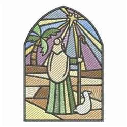 Stained glass shepherd holding a staff with sheep, palm trees, and a star in a detailed geometric design for Christmas.