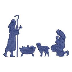 Silhouette shepherd with staff beside a manger, kneeling Mary, and lamb; serene Christmas theme.