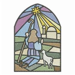 Shepherd kneeling in detailed stained glass style, with a white lamb beside him in a lush landscape under a star.
