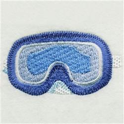 Ski goggles in modern design featuring shades of blue with a white bottom, perfect for winter sports.