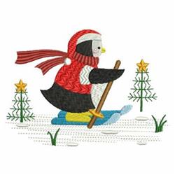 Skiing Penguin - 4x4 penguin detailed embroidery design for patchwork quilt blocks