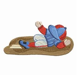 Colorful cartoon child sliding down a brown sled, wearing a blue hat and red shirt. Perfect for playful designs.
