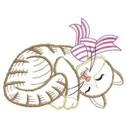 Whimsical sleeping cat with subtle stripes and a pink bow, adding charm to cozy decor.