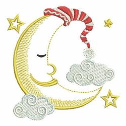 Playful moon with a smiling face, cozy red and white striped hat, fluffy white clouds, and bold gold stars.