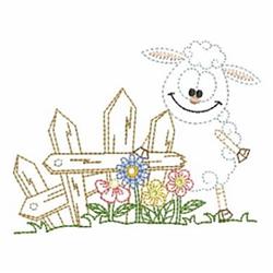 Playful smiling sheep beside a wooden fence with colorful flowers, capturing a cheerful spring vibe.