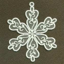 Intricate white snowflake in delicate free standing lace with symmetrical curves, perfect for winter decor.