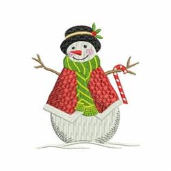 Playful snowman with a vibrant red and green scarf, black hat, and candy cane, perfect for winter celebrations.