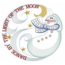 Cheerful snowman dancing under a crescent moon with stars, featuring a playful style and light blue and yellow colors.