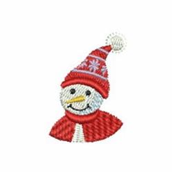 Playful snowman with a red hat and matching scarf against a white background, radiating winter cheer.