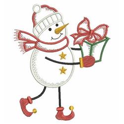 Playful snowman with a red scarf holds a colorful gift box, perfect for Christmas decor.