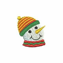 Cheerful snowman head with a striped red and green hat, featuring a smiling face and a carrot nose in winter.