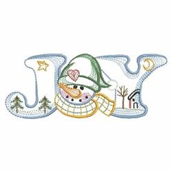 Applique snowman with a scarf cheerfully integrated into the letter 'O', surrounded by winter scenery and vibrant colors.