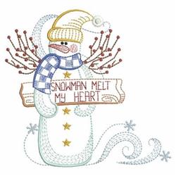 Cheerful snowman with a blue checkered scarf and yellow hat holding a sign that reads 'SNOWMAN MELT MY HEART,' surrounded by