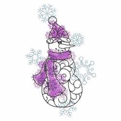 Whimsical snowman wearing a purple hat and scarf, surrounded by blue snowflakes in a detailed winter scene.