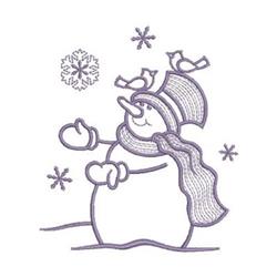 Cheerful snowman with scarf, surrounded by snowflakes and birds, in a minimalist winter design.
