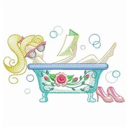 Playful spa day scene featuring a woman with blonde hair in a floral bathtub filled with bubbles and chic pink high-heeled sh