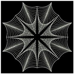 Intricate spider web design in white thread on a black background features delicate, geometric patterns.