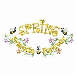 Playful text 'SPRING' in yellow with 'Friends Forever' below, adorned with colorful flowers and bees, capturing a cheerful sp