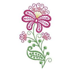Vibrant pink flower with yellow center, green leaves, and small buds in a playful spring quilting design.