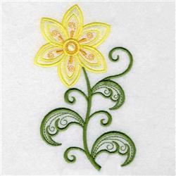 Colorful flower with vibrant yellow petals and green leaves, perfect for spring-themed quilting.