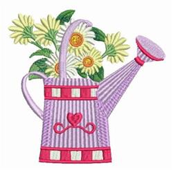 Whimsical purple watering can with pink and white stripes, filled with daisies for a playful spring scene.