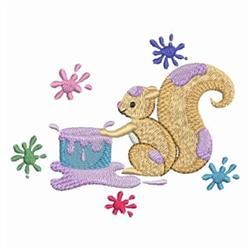 Playful squirrel with fluffy fur joyfully painting with a can, surrounded by vibrant pink, green, and blue splashes.