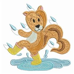 Playful squirrel in bright yellow boots splashing in a spring puddle, with lively water droplets around.