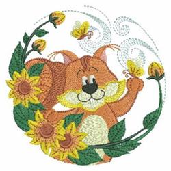 Playful squirrel surrounded by bright sunflowers and cheerful bees, celebrating spring in a detailed design.
