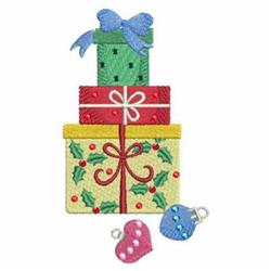 Colorful stacked gift boxes adorned with decorative bows and ornaments, perfect for festive Christmas celebrations.