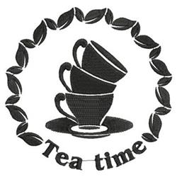 Stacked teacups in black, elegantly arranged with tea leaves surrounded, featuring 'Tea time' text. Simple and modern.