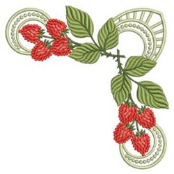 Colorful design featuring red strawberries with green leaves and decorative circles, suitable for kitchen textiles.