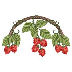 Colorful strawberries clustered on a brown branch with green leaves, vibrant spring/summer design for kitchen decor.