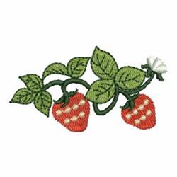 Quilting design featuring vibrant red strawberries with white seeds, surrounded by green leaves and a white flower.